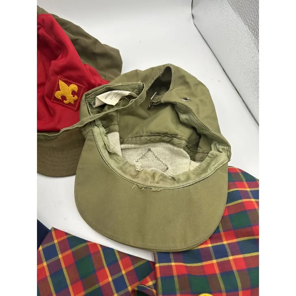 BSA Webelos Plaid Scout Leader Neckerchief Scarf 2 hats and Beret Vintage Lot‎